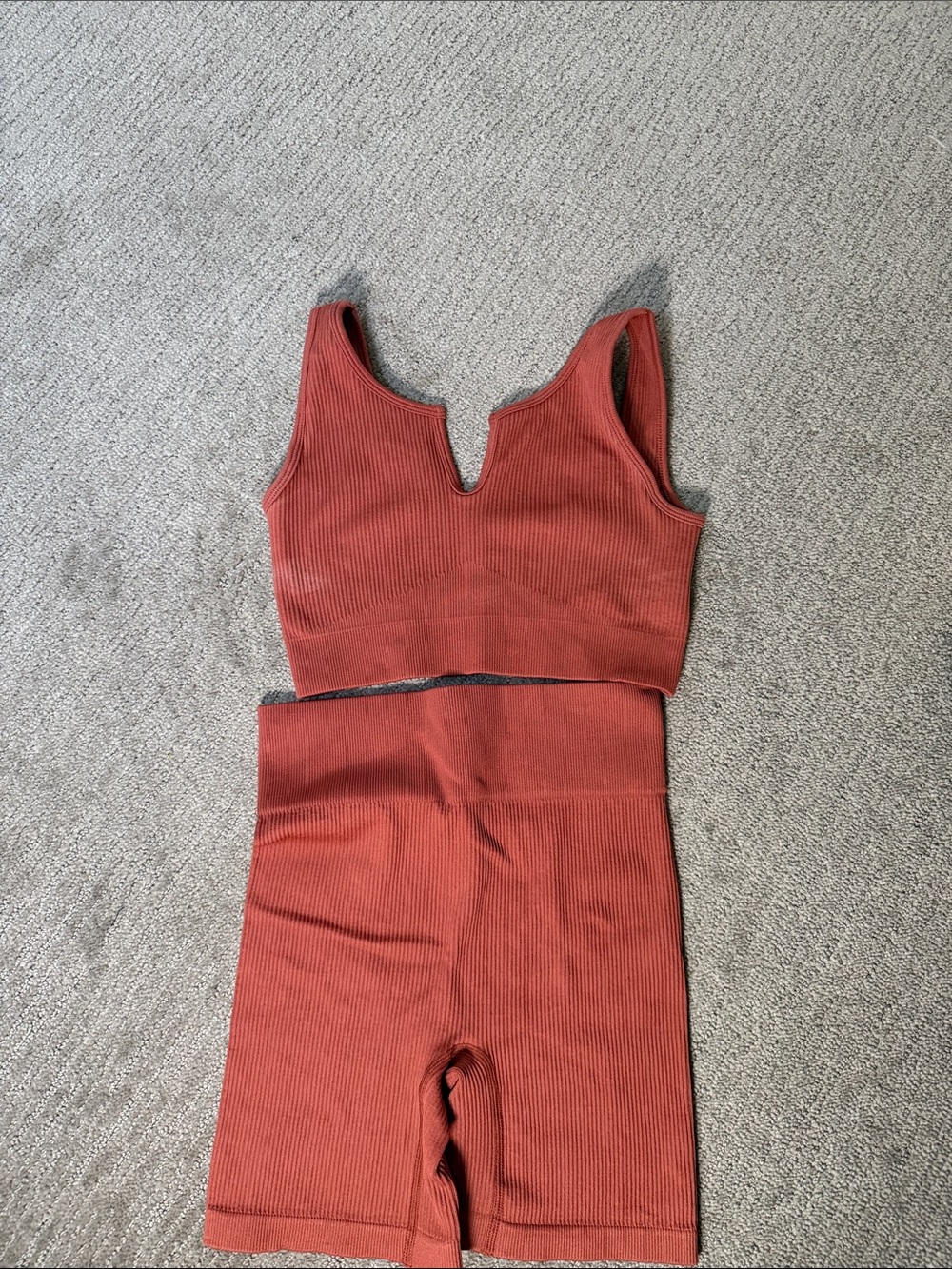 Seamless Ribbed Crop Tank & High-Waist Bike Shorts Set - Rust